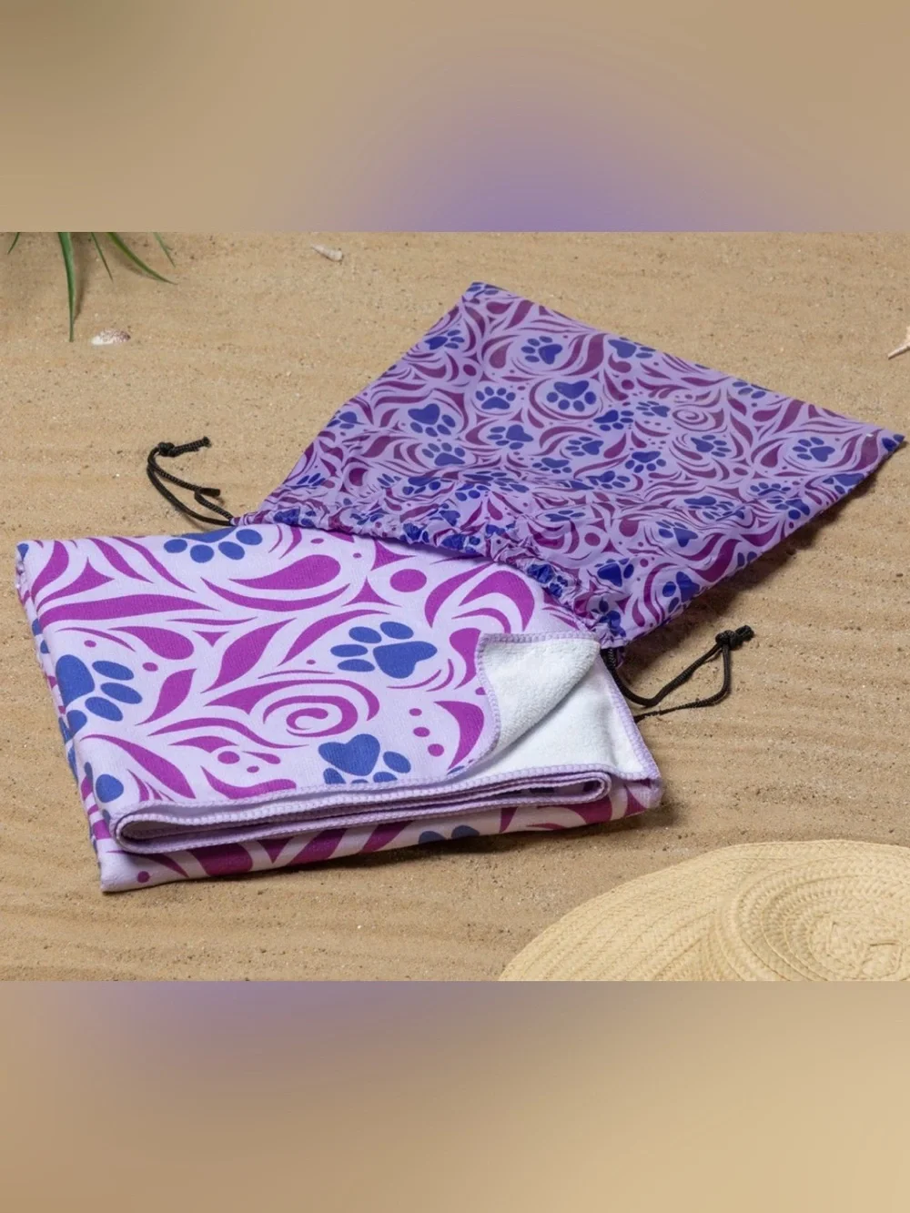 Whimsical Purple Paw Print Microfiber Beach Towel With Drawstring Carry Bag